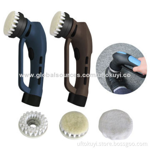 Cordless shoe polisher, home use for leather and shoe and furniture care, 3 interchangeable brushes